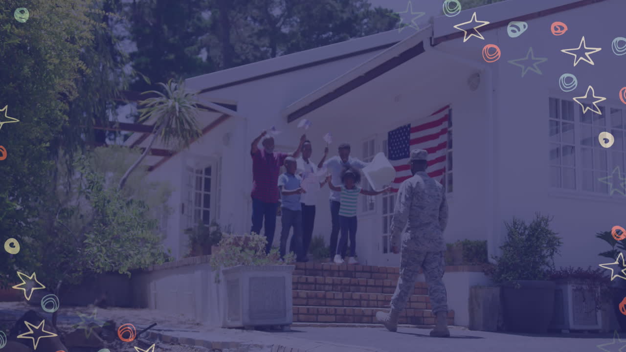 Animação da bandeira dos EUA sobre família afro-americana recebendo soldado que volta para casa