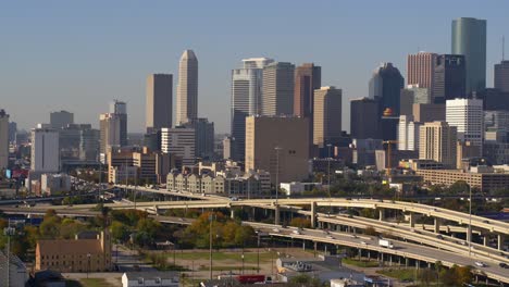 Moving-forward-aerial-shot-of-downtown-Houston,-Texas