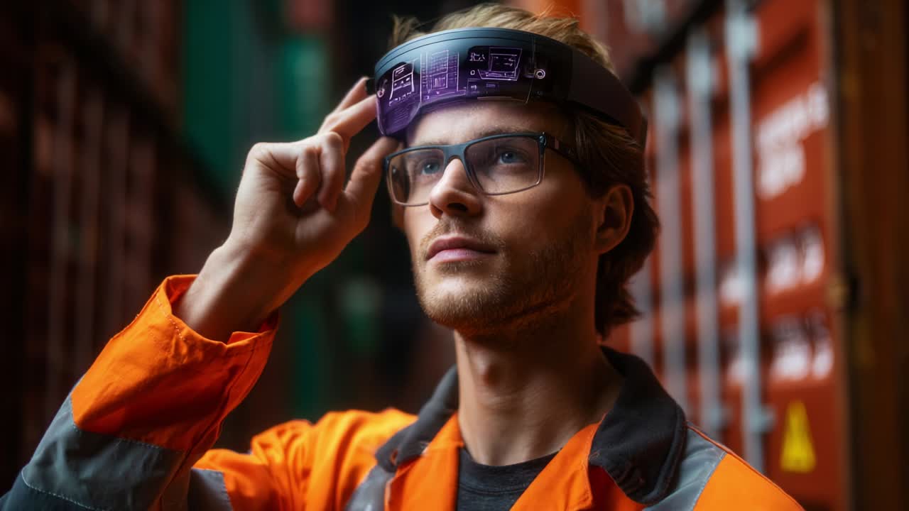A focused worker wearing augmented reality goggles in an industrial setting, demonstrating the integration of technology and safety in the workplace. Innovative solutions are reshaping how tasks are approached and executed