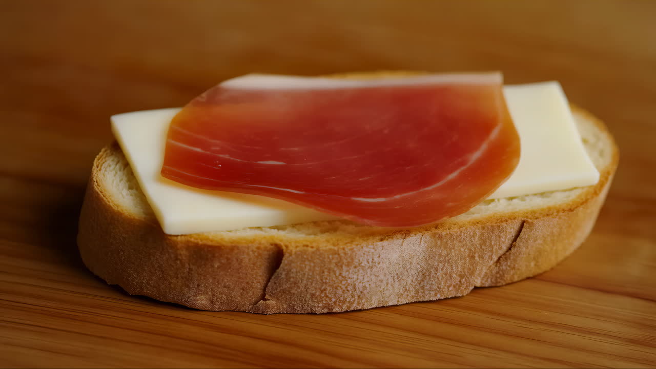 Ahşap masa üzerinde peynir ve prosciutto'lu ekmek dilimi