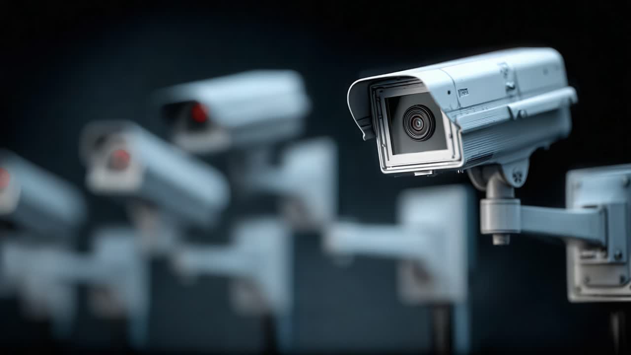 A Row of Surveillance Cameras Capturing Security Footage for Enhanced Monitoring and Safety in Public Spaces, Showcasing Advanced Technology and Design
