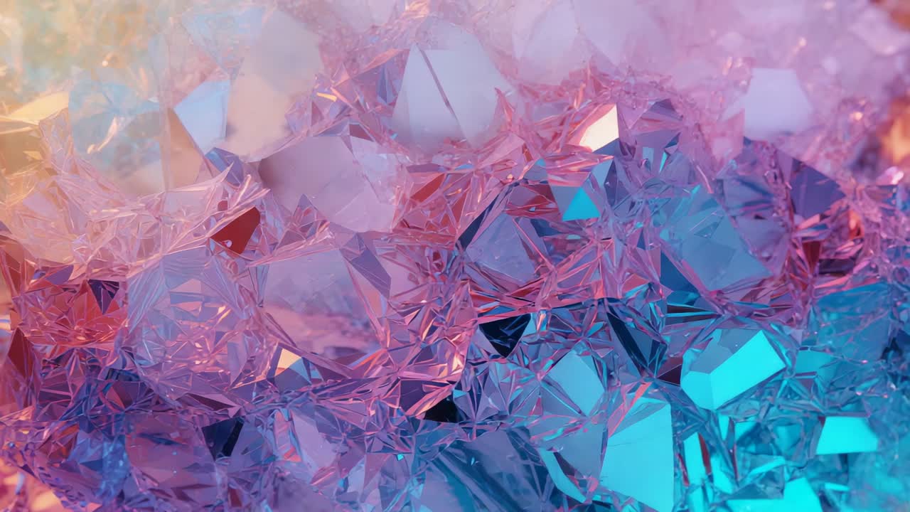 Pulling back camera revealing crystalline formation in studio with white texture and shifting hues