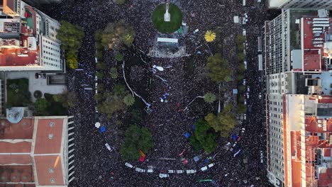 overhead drone view of student protest demonstration in plaza de mayo square in april 23 2024, buenos aires, argentina