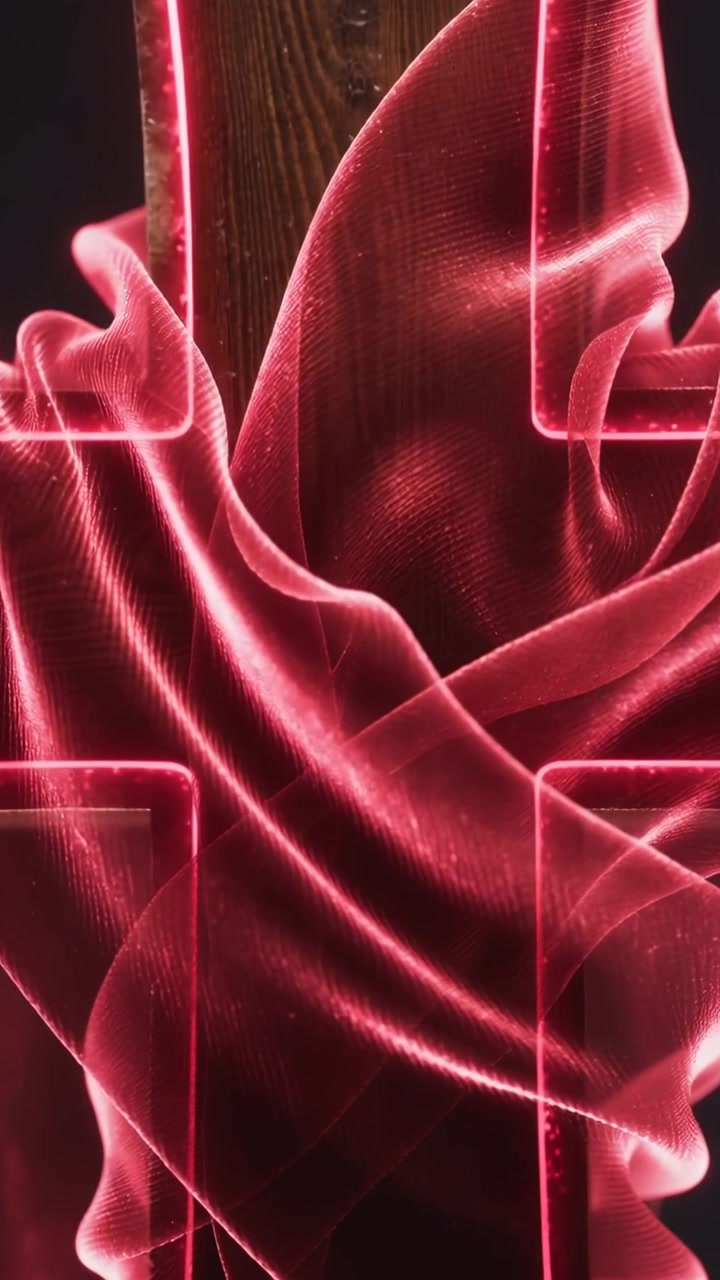 Vertical video: Moving red mesh reacting to light in studio, with neon corners, wood plank, dust