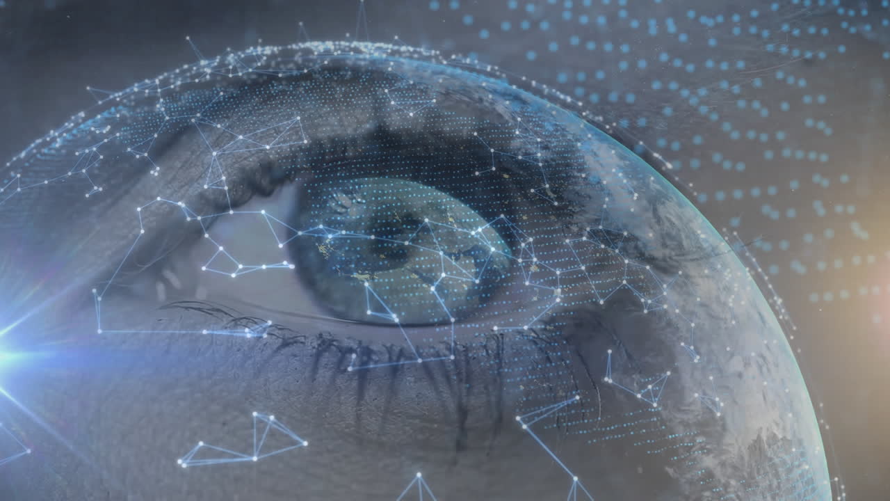 animación de un globo brillante con una red de conexiones sobre el ojo de la mujer