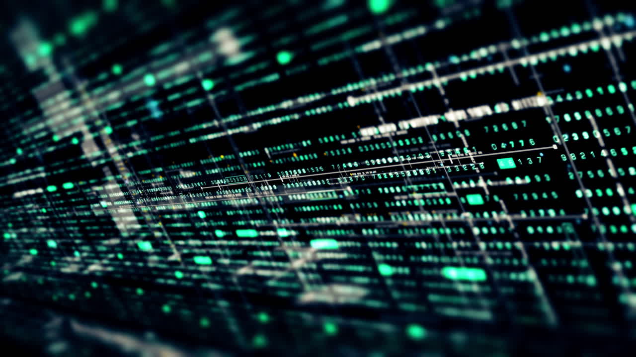 Futuristic abstract de-focus flowing data matrix, meta, metaverse, telemetry and encrypt numbers display with particles simulation in cyber space environment for head up display background-21