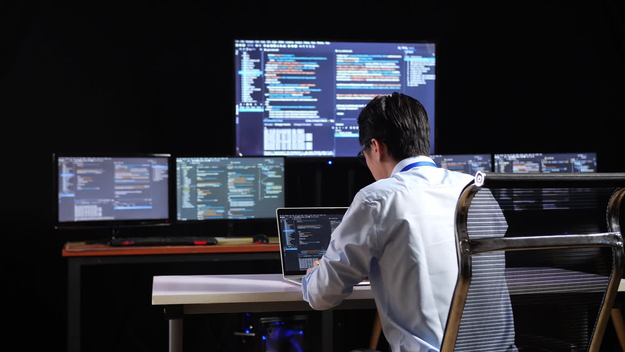 programador trabajando tarde en la noche en múltiples monitores