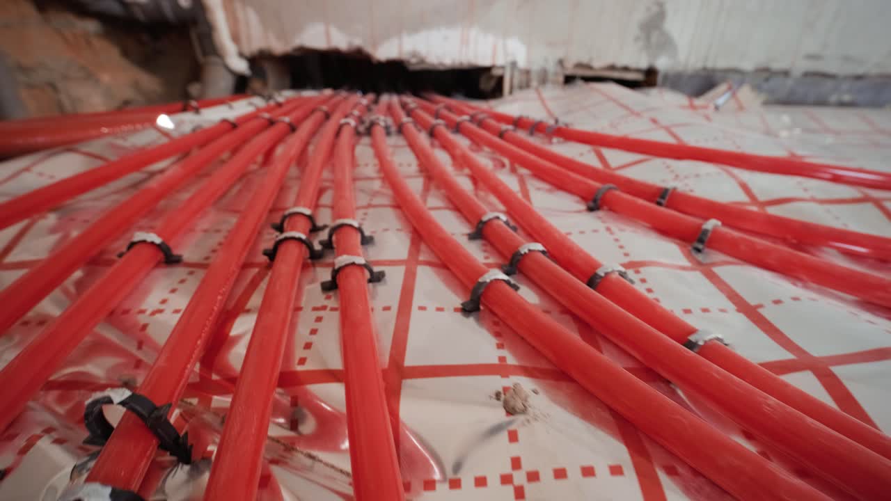 Installing underfloor heating pipes for water heating. Heating systems. Pipes for a heat-insulated floor.