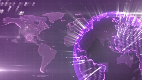 Animation-of-light-trails-over-spinning-globe,-data-processing-and-world-map-on-purple-background