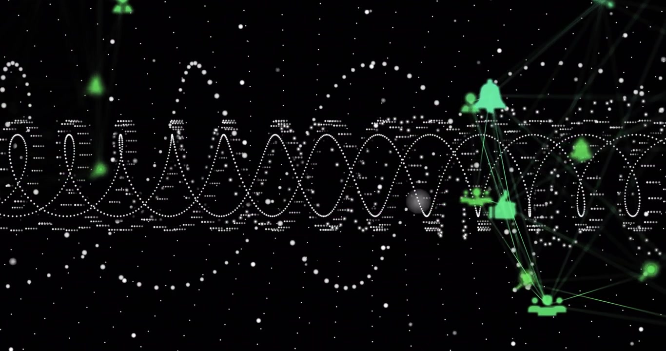 oscillating white waveform initiating green icons appearing, connecting into stable alert network