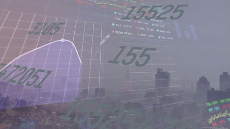 animation of changing numbers over stock market data processing against aerial view of cityscape