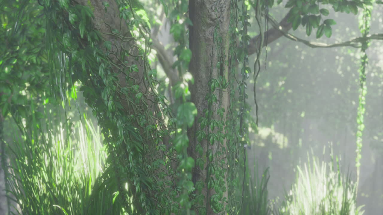 Lush green tree covered in vines with sunlight filtering through leaves