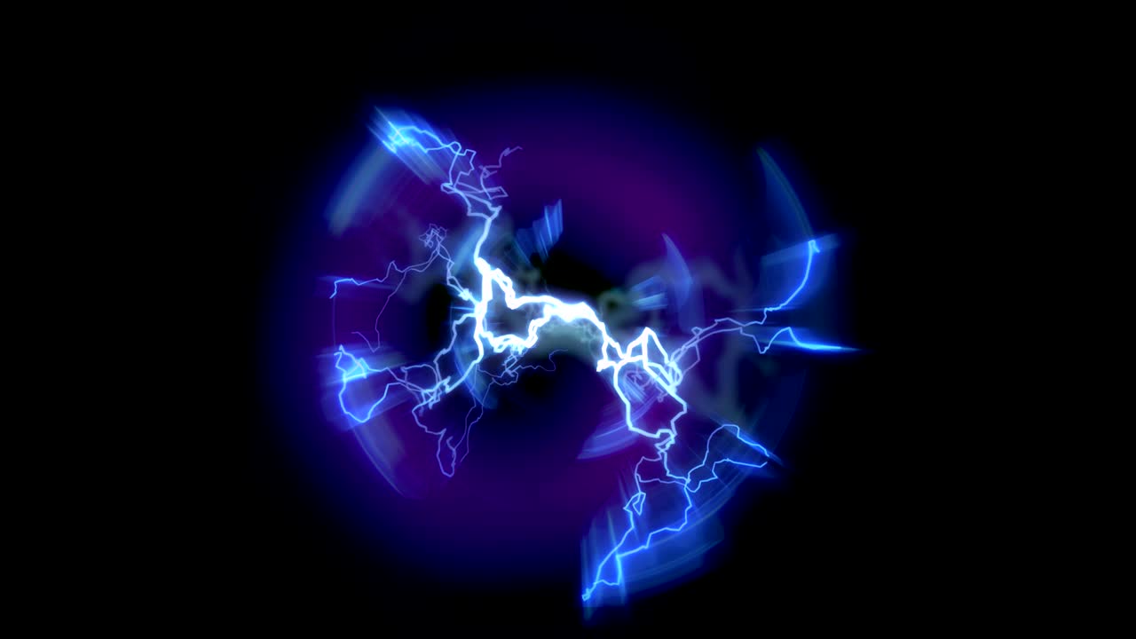 Lightning and bright light in energy ball with spherical plasma radiating electric rays. Looping animation.