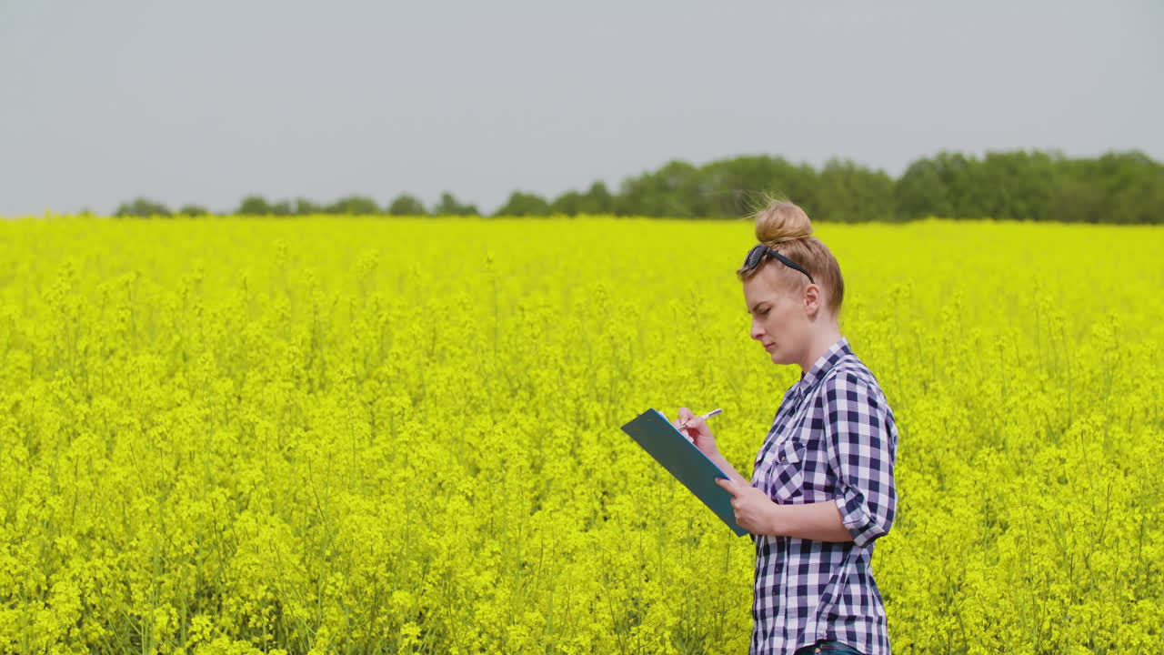 Female farmer examines rapeseed in field