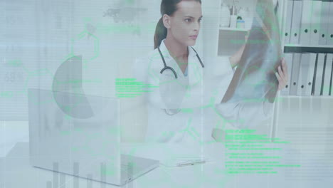 animation of data processing over caucasian female doctor with x ray scan