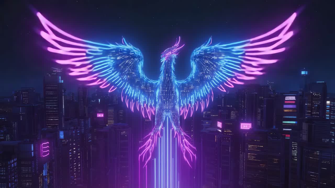 Neon Phoenix Over Cityscape