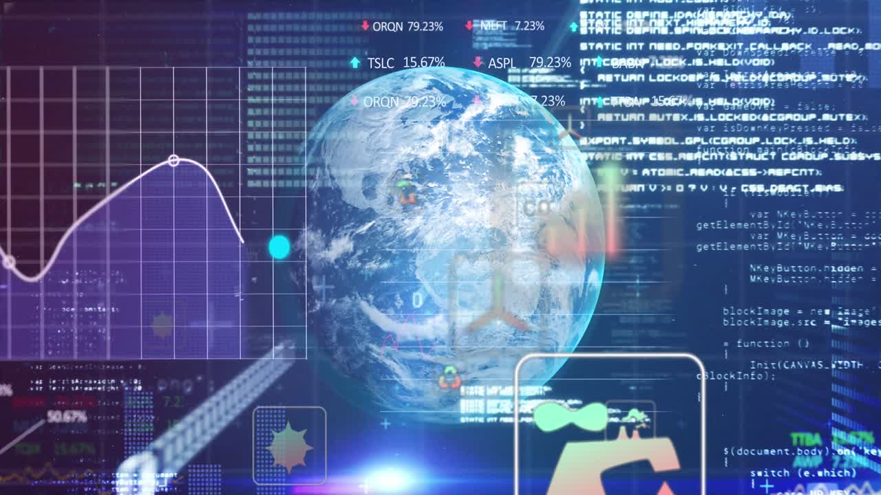 Animation of digital interface circle data loading over globe and data processing