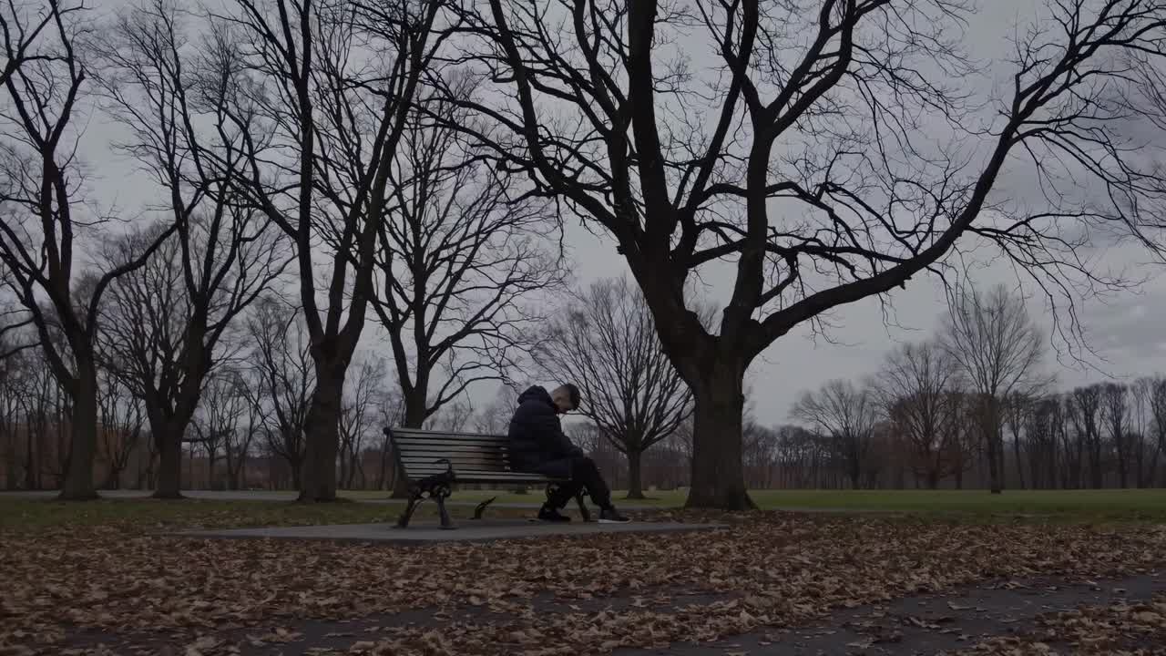 A wide-angle video shot captures a solitary figure on a park bench amidst bare trees