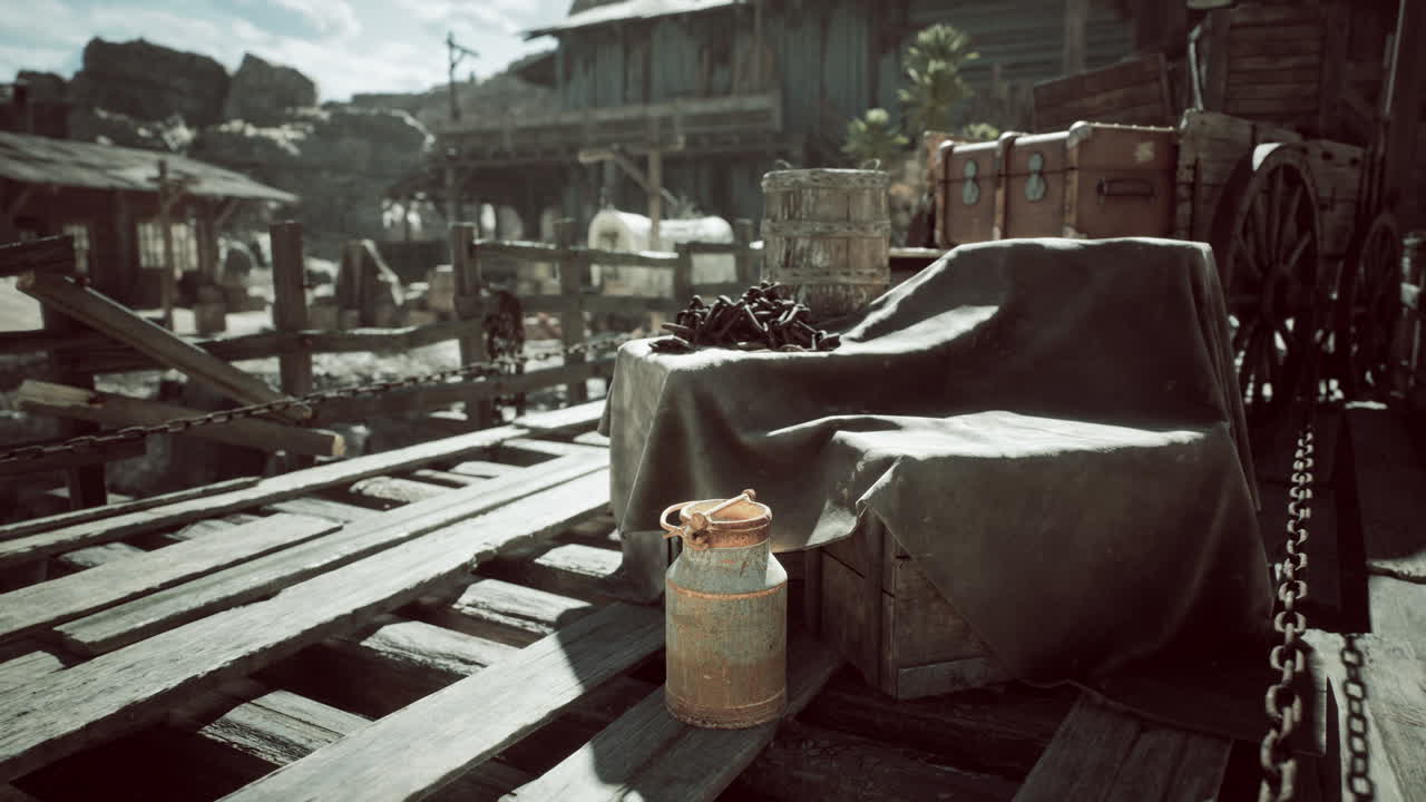 밝은  아래에 상자 와 우유 캔 을 가진 시골 목조 도크