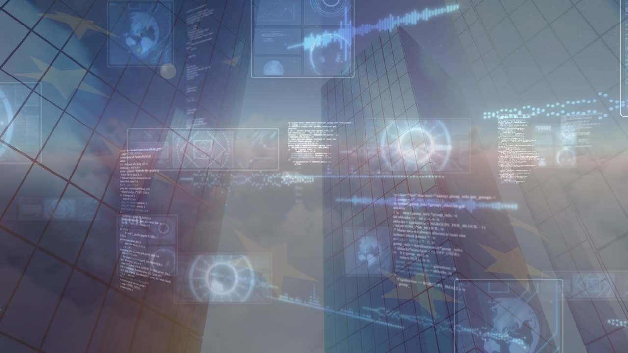 animación de la bandera de europa y datos en pantallas digitales que se mueven sobre edificios de oficinas