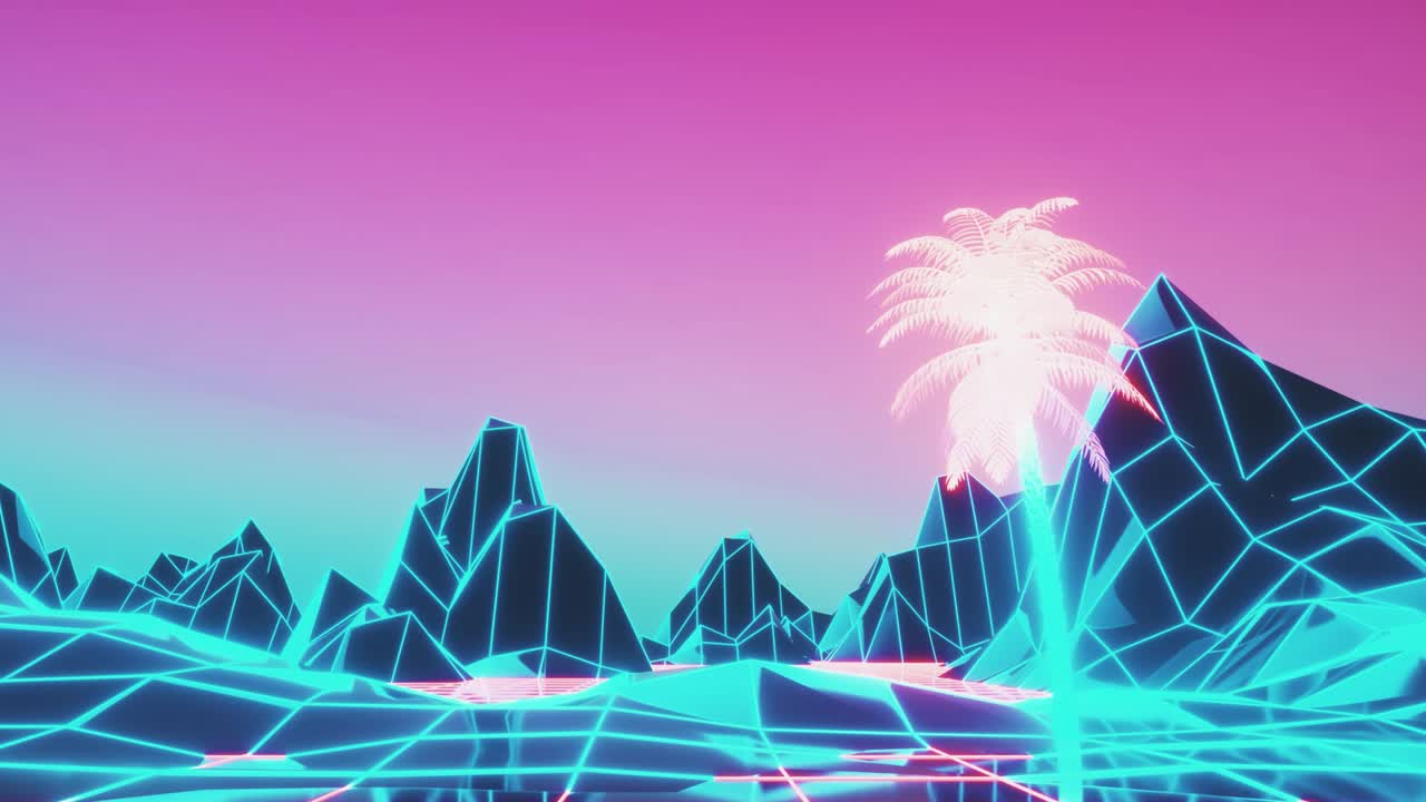 80년대 스타일의 레트로 신스 웨이브, 나무와 함께 완벽한 루프로 해가 뜨는 모습