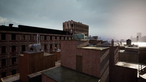 aerial view of a cityscape with buildings and rooftops