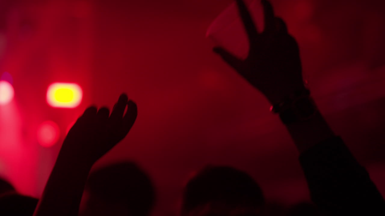 Sagome di persone che alzano le mani e i bicchieri a un concerto illuminato di rosso