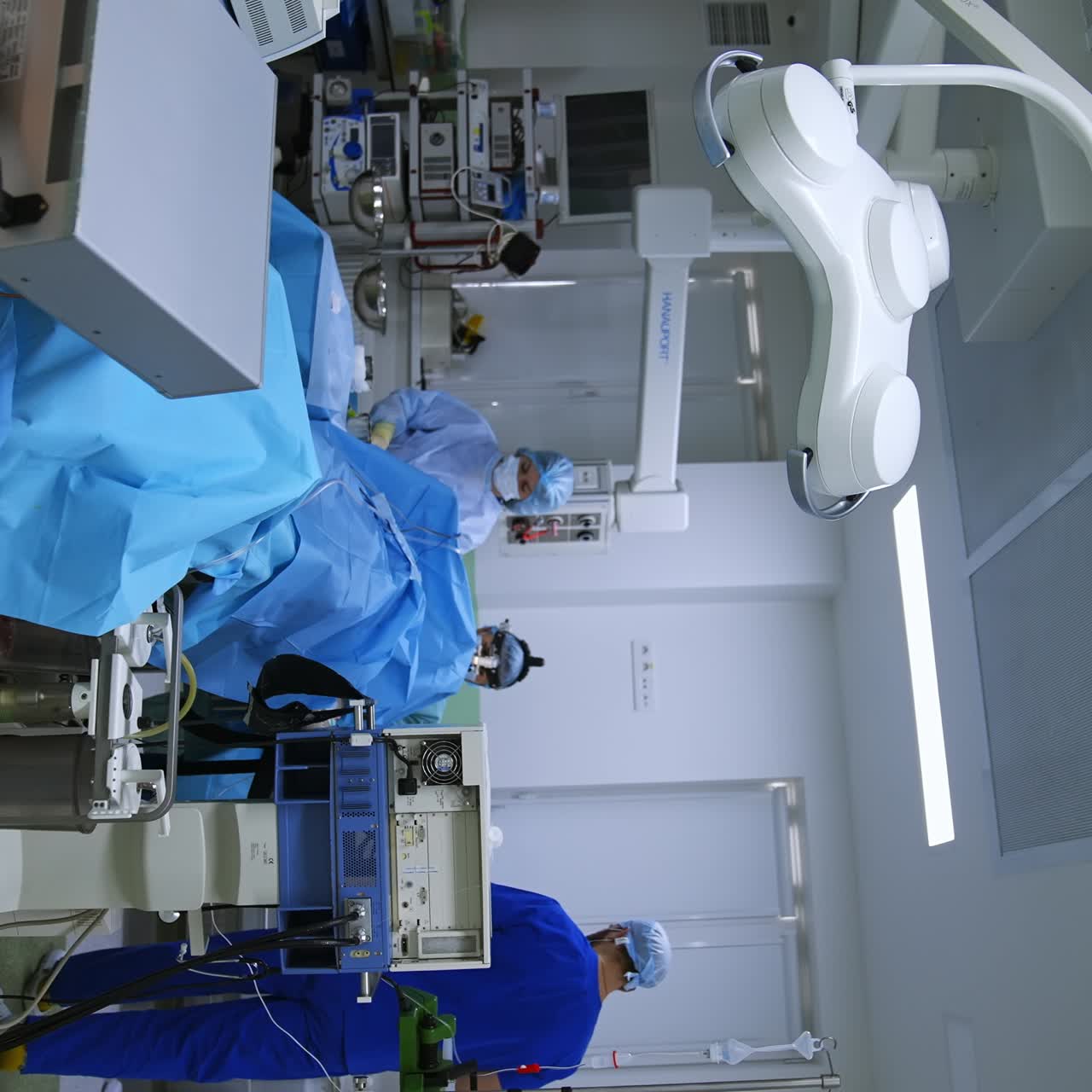 Head of the doctor in device glasses hardly seen from behind the patient. Nurse stands beside helping the surgeon. Vertical video