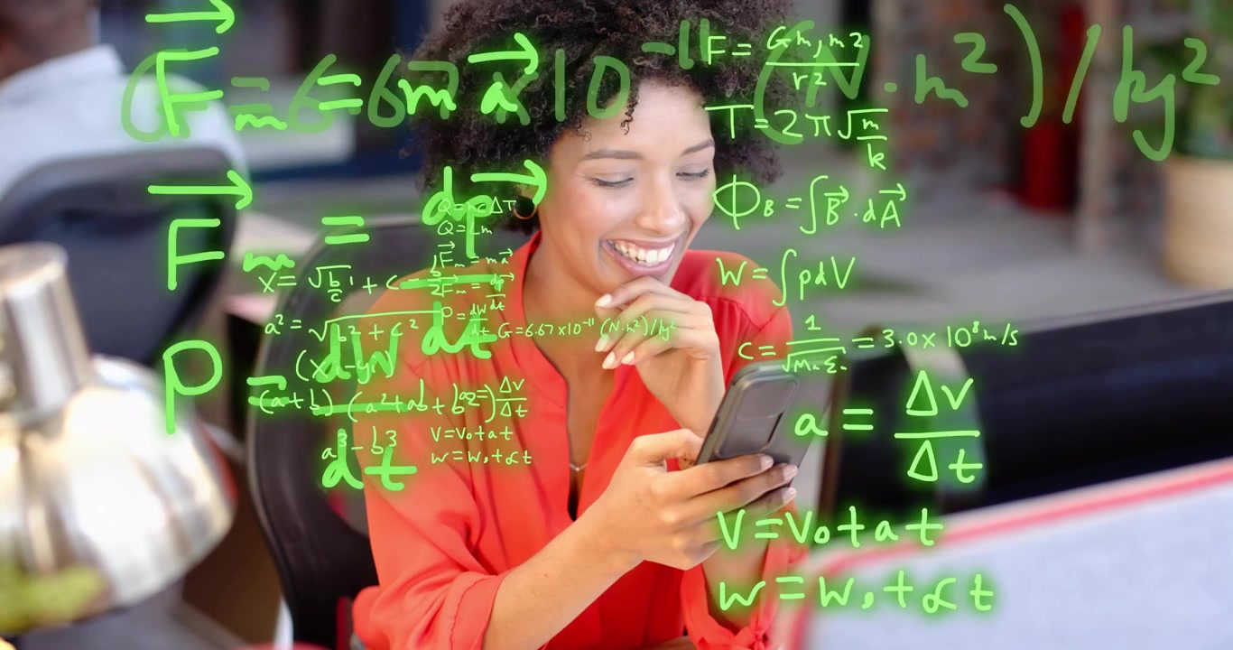 tech pro writing formulas in notebook verifying work animating green formulae reviewing smartphone