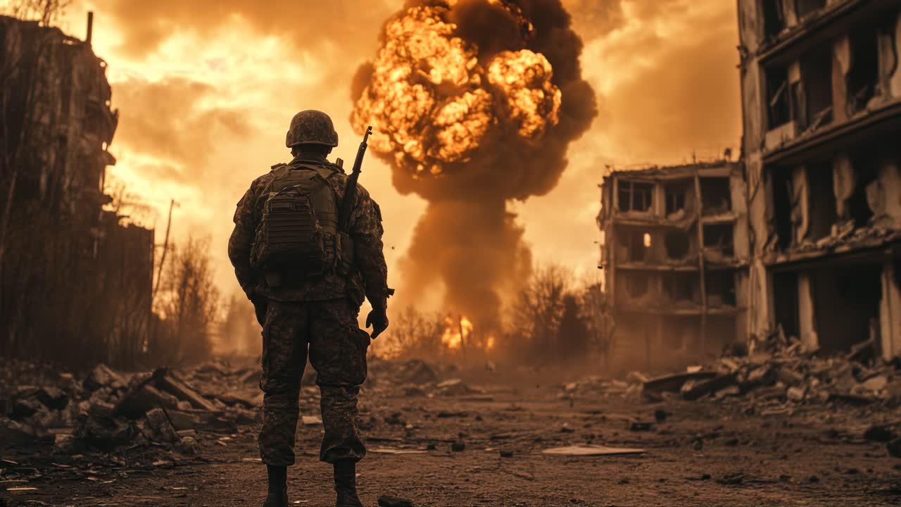 Dramatic video scene of a soldier from behind, standing amid war-torn ruins, with a low-angle view