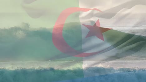 Digitale-Komposition-Der-Schwenkenden-Algerien-Flagge-Gegen-Wellen-Im-Meer