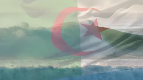 digital composition of waving algeria flag against waves in the sea