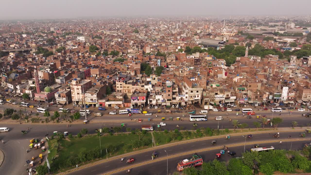 Aerial View of Lahore, Pakistan Cityscape, Showcasing Dense, Crowded Streets and Urban Life in Punjab's Bustling Capital City.
