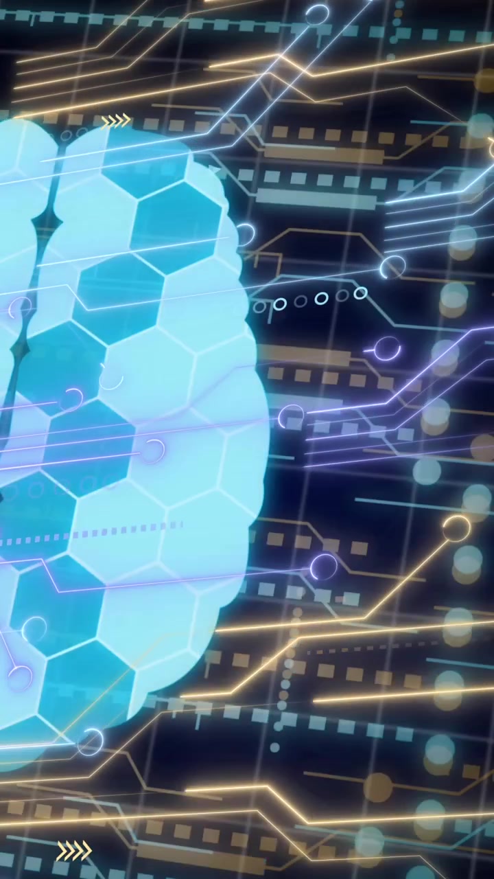 Animation of digital brain, data processing over computer circuit board