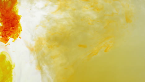 vernice o colorante giallo e arancione gettato in acqua su sfondo bianco per creare uno sfondo fumoso colorato e vorticoso 4