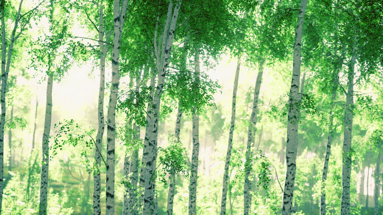 Sunlight filtering through lush trees in a serene forest grove
