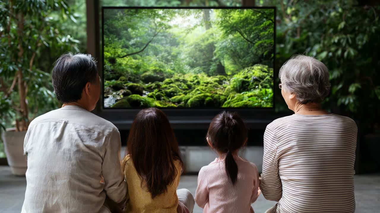 A Family Enjoying Nature Through a Screen – Two Generations Gathered Together, Captivated by the Beauty of a Lush Forest Ecosystem Displayed on a Television in a Cozy Living Space