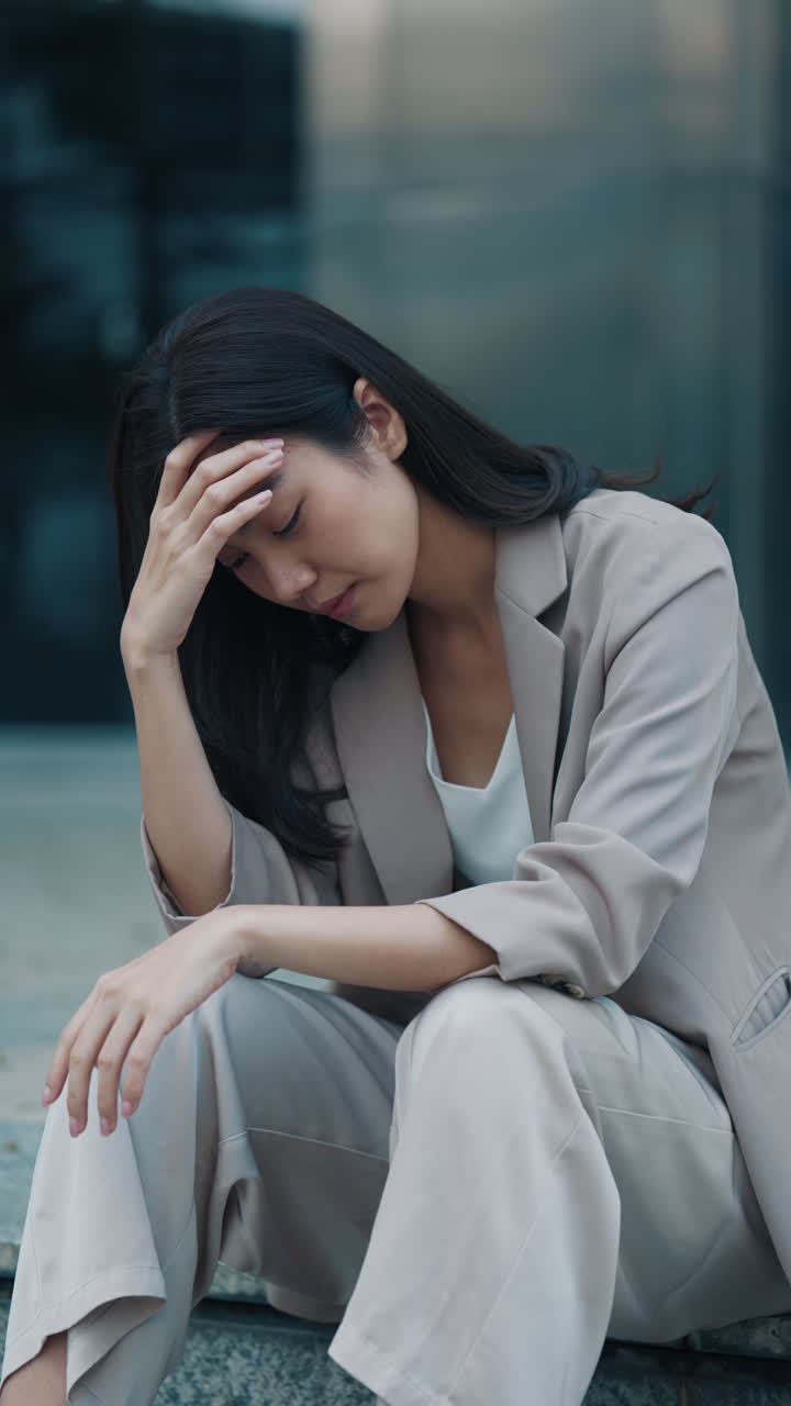 Woman sitting on steps looking distressed