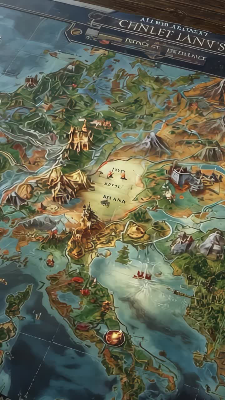 Vertical video: Starting camera panning down Chinet Lan's board game map on tabletop, with castles