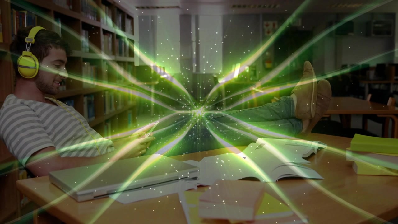 Student browsing smartphone in library study area, activating green swirling overlay boosting focus
