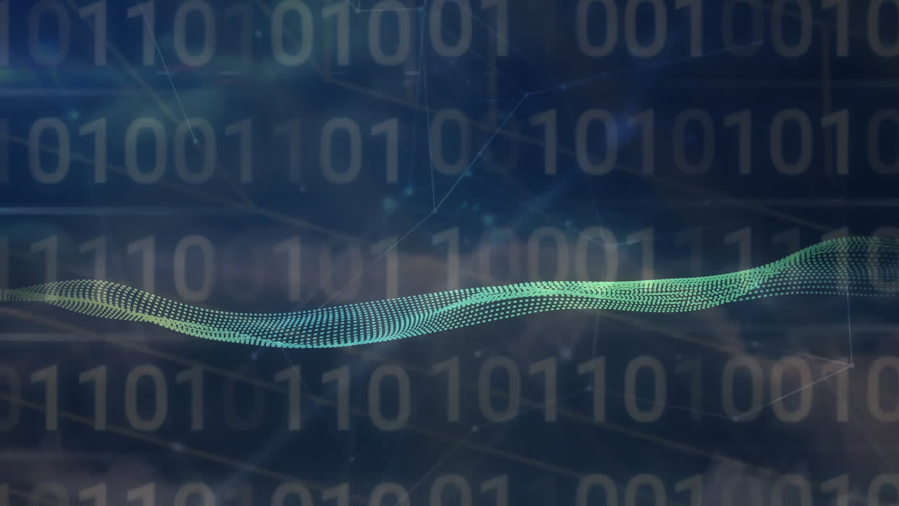 Binary code and digital wave animation over dark blue background