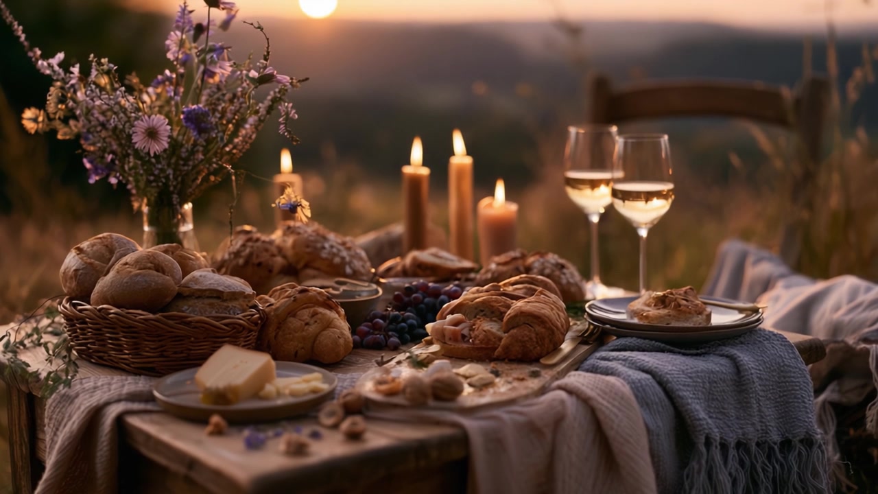 Um Encontro Encantador ao Ar Livre: Uma Mesa Rústica Posta para um Banquete Noturno Requintado Rodeada pela Beleza da Natureza, Completa com Delicadezas e Luz de Velas