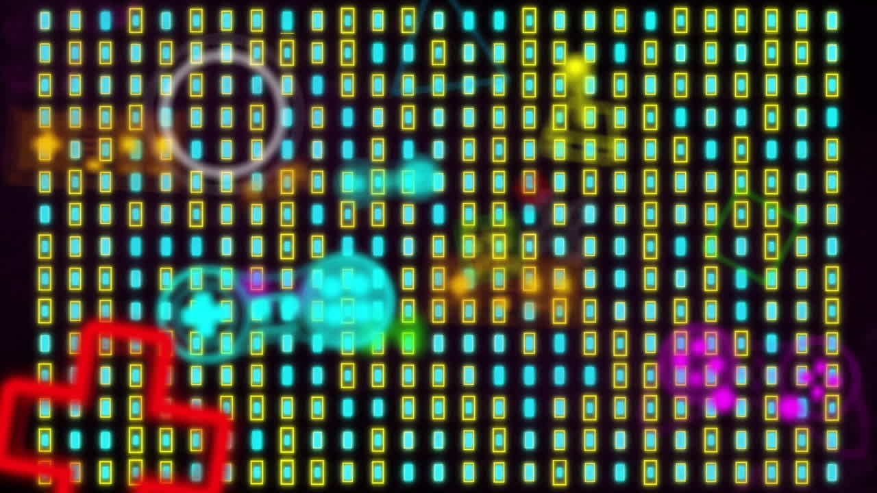 Animation of neon gaming icons over neon shapes moving
