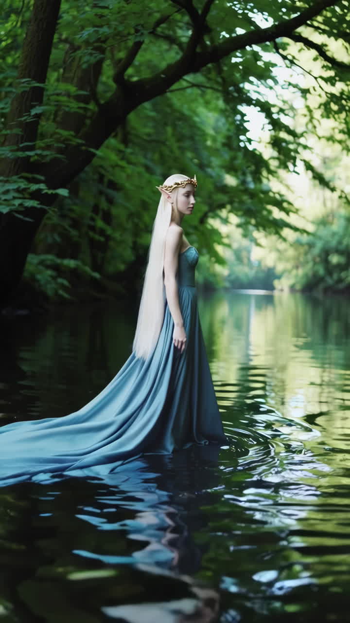 Donna Elfa in un ruscello nella foresta