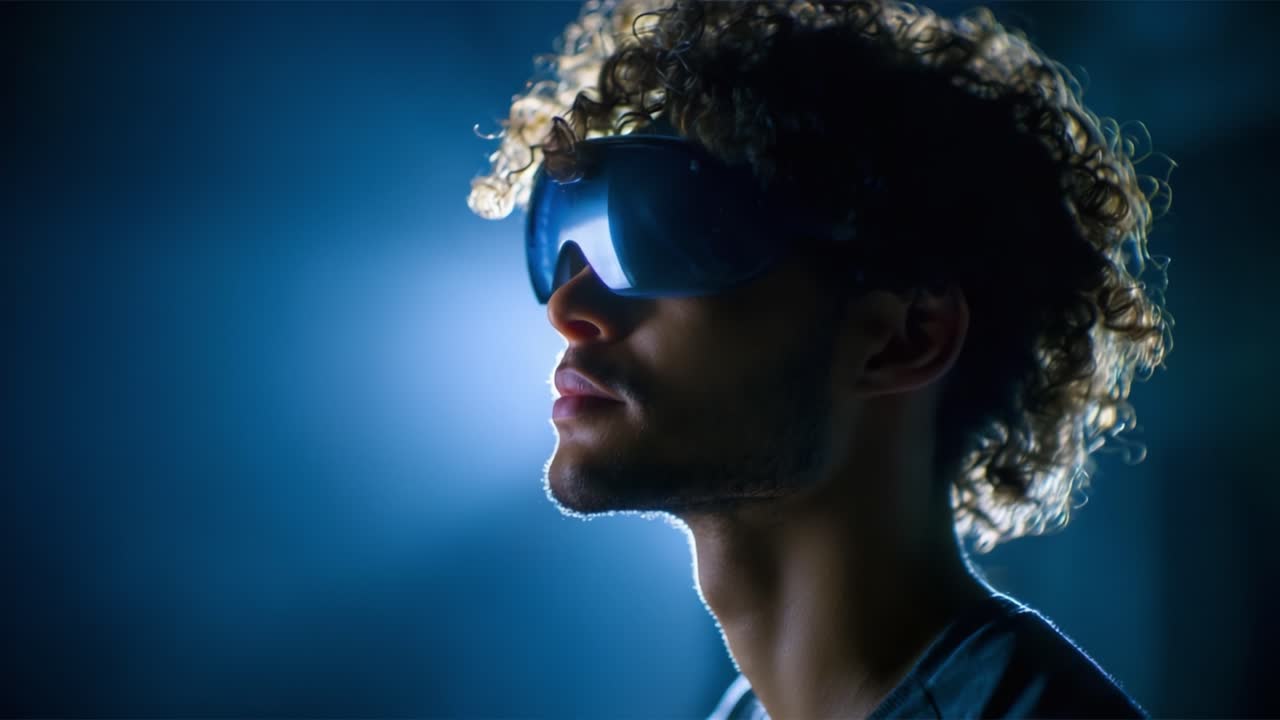 A Person in Innovative Glasses Gazing Thoughtfully Amidst Dramatic Lighting in a Futuristic Setting, Emphasizing Technology and Personal Expression