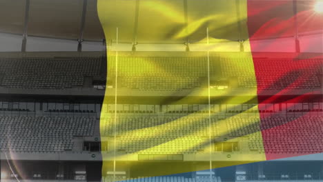 belgium flag animation over empty stadium seats in sports arena