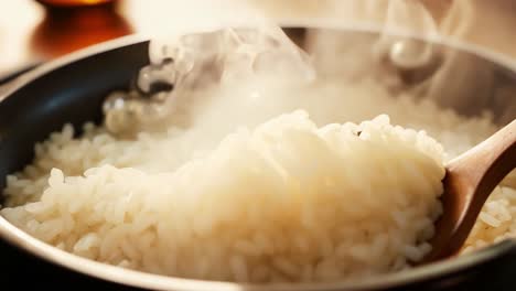 steaming rice in a pot with a wooden spoon