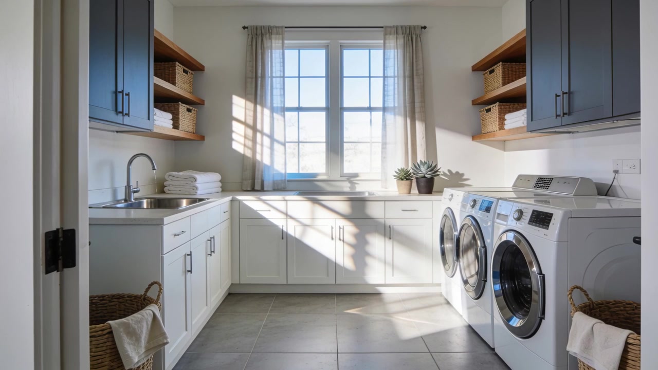 Entering from right, hand pulling towel from basket toward washer-dryer in laundry room, copy space