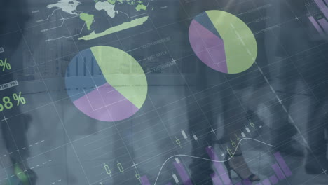 animation of financial data processing over diverse business people walking in modern office