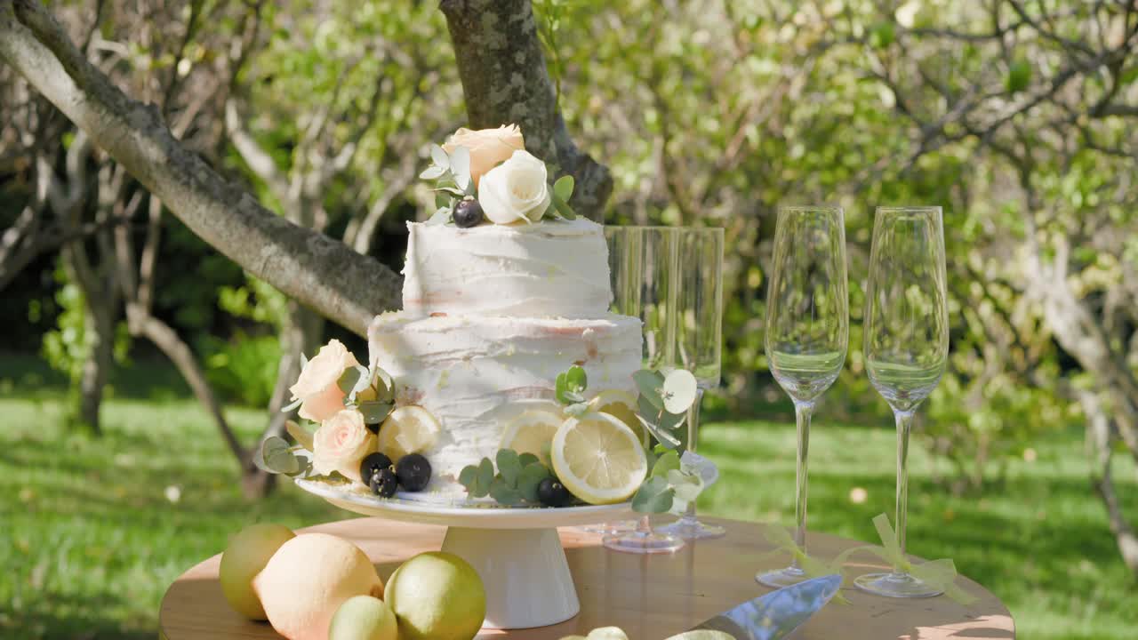 Two-tier frosted cake on pedestal, camera moving closer, highlighting lemon, berries, roses, flutes